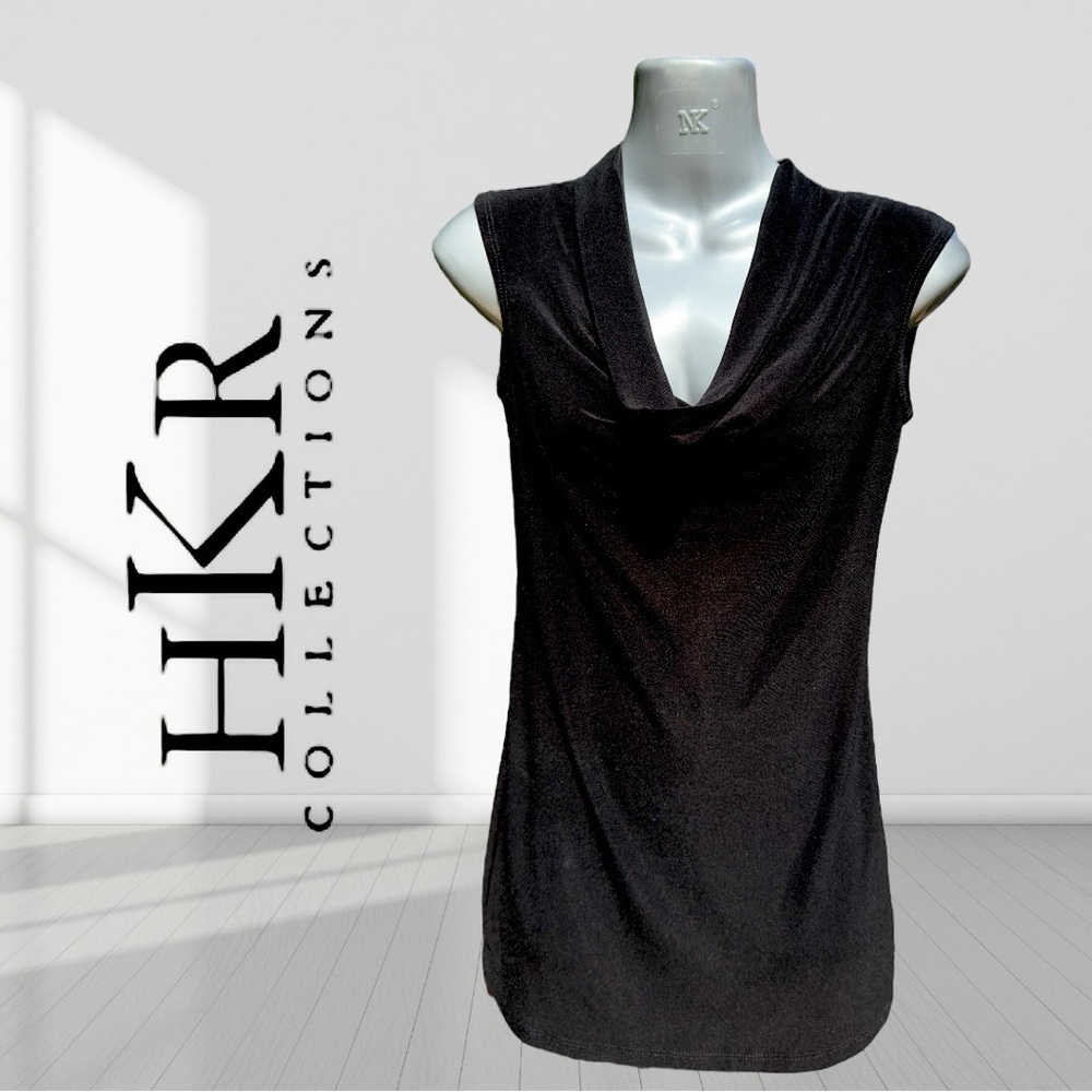 HKR Collections Womens Black Sleeveless Draped Neckline Top Size Small